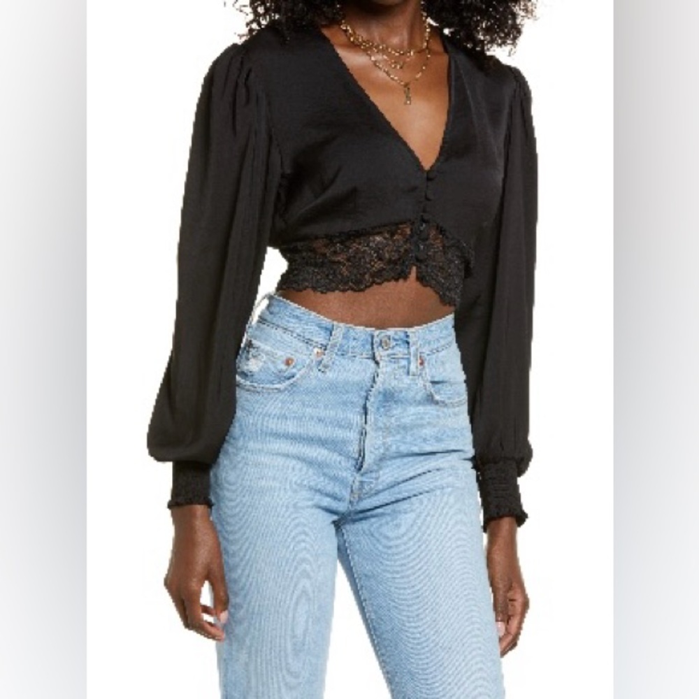Open Edit Lace Trim Satin Blouse